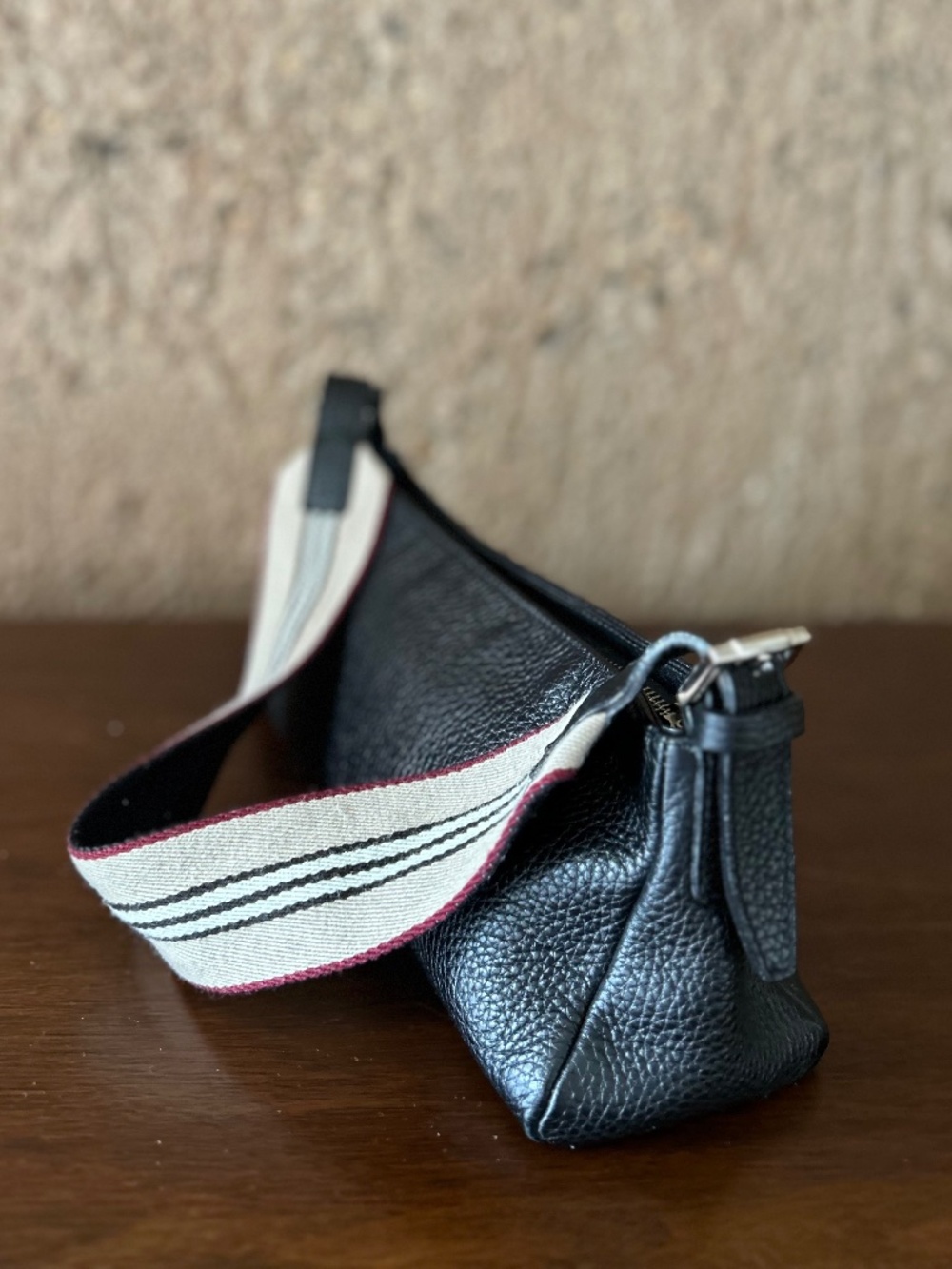 Burberry London Black Leather Shoulder Bag – Striped Canvas Strap